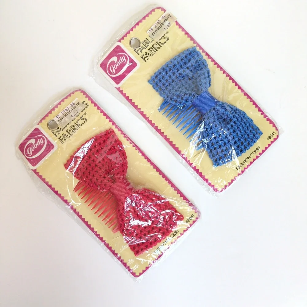 Vtg 80s Goody Fashion‎ Comb Crochet Bows Red Blue Fabu Fabrics 8041 Set 2